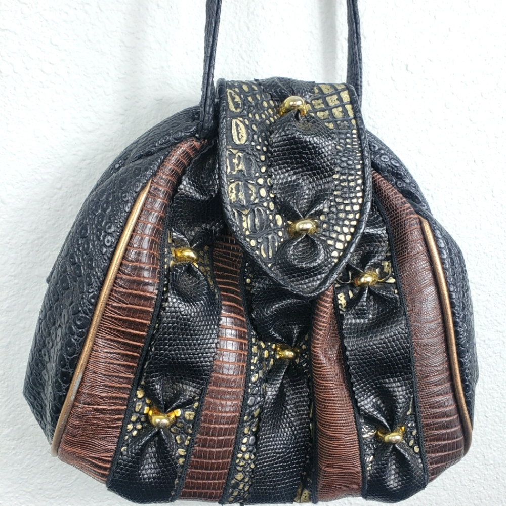 Vintage 80s Black, Brown and Gold Ruched Flap Front Crossbody or Shoulder Bag